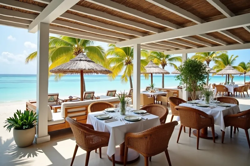 Terraza de beach club frente al mar con mesas y palmeras