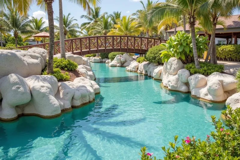 Río lento de parque acuático tropical entre rocas y palmeras