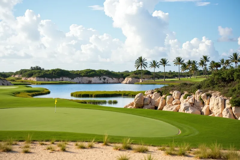Campo de golf caribeño con lago y formaciones de roca coralina