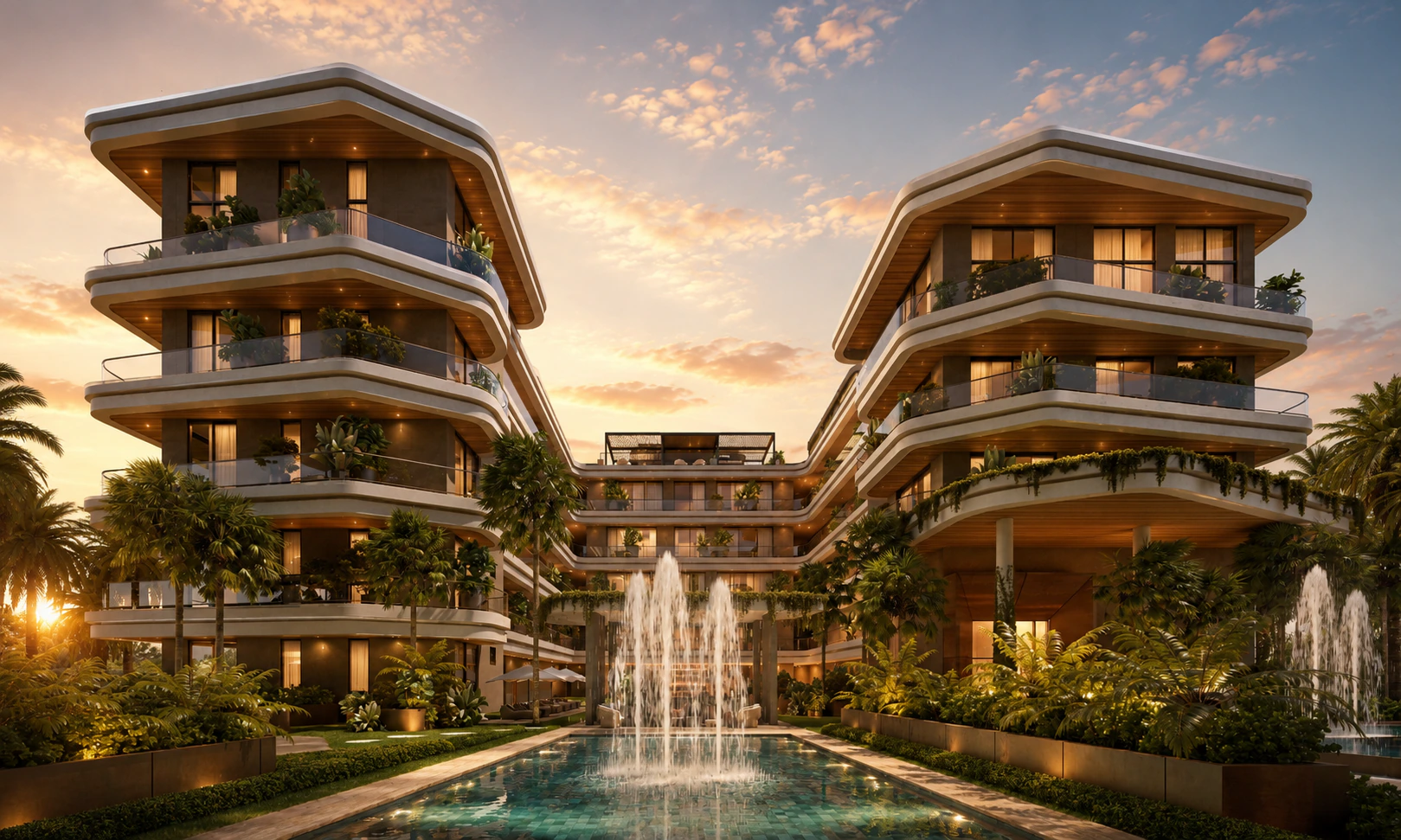 Render al atardecer de los dos edificios de Elite Cap Cana Residences con la fuente del patio central